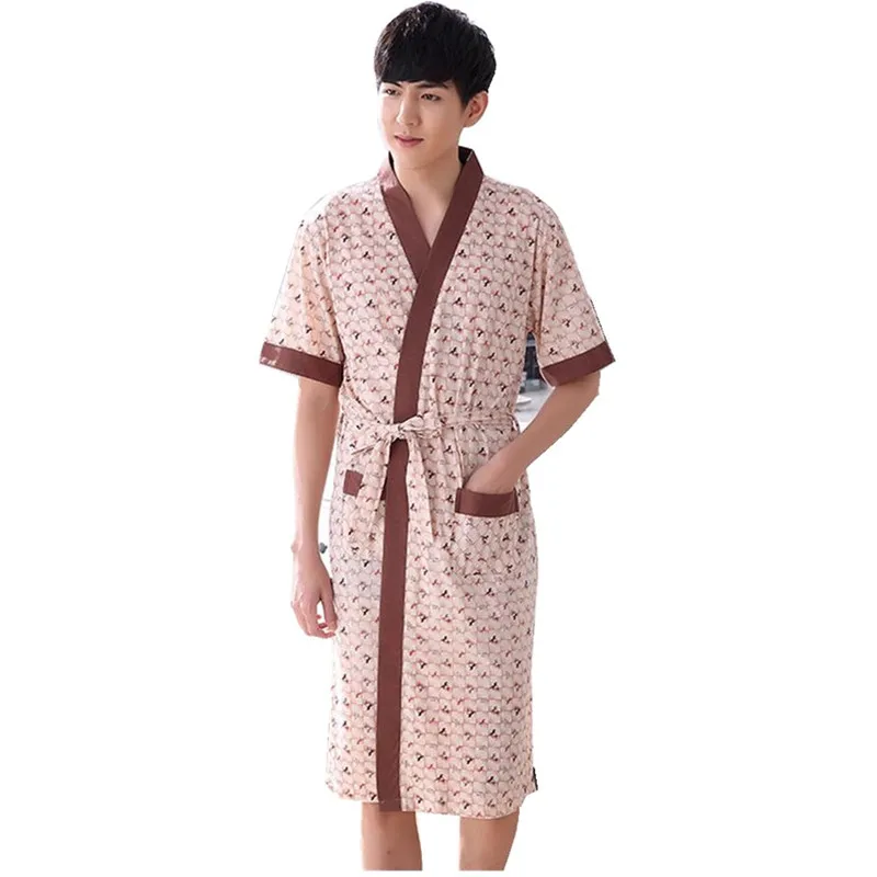 Summer Casual Cotton Mens Bathrobe Belt Elegant Bathroom Spa Thin Men