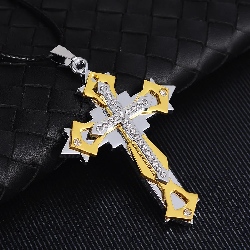 Titanium Steel Cross Pendant Necklace Crystal 3 Layers Pendants