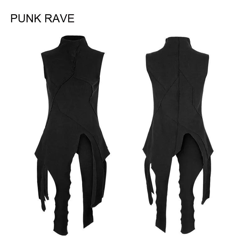 Black top sleeveless with high neck and shreds women T shirt gothic