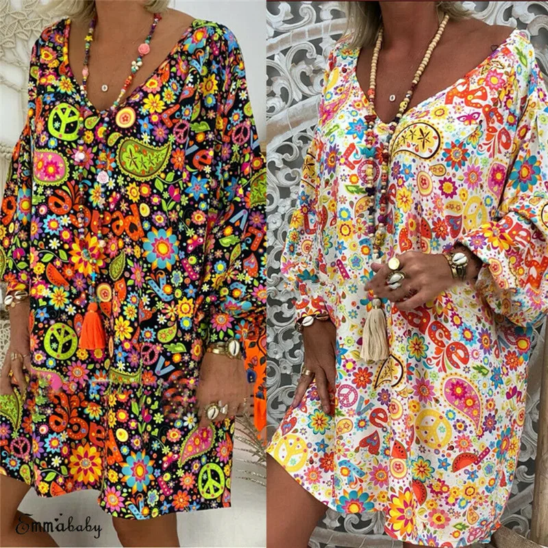 

Women Long Sleeve V Neck Floral Mini Dress Kaftan Party Cocktail Baggy Sundress
