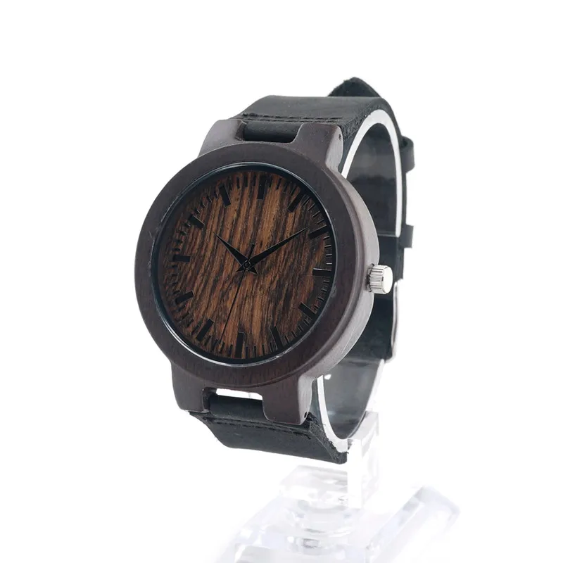 BOBO BIRD V-C22 Mens Quartz Watches Handmade Wooden Wristwatch With Black Leather Strap in Gift Box Horloges Mannen