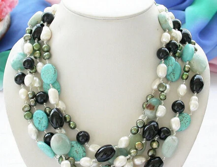 

Miss charm Jew1568 5row black agate Turquoise jade freshwater pearl NECKLACE