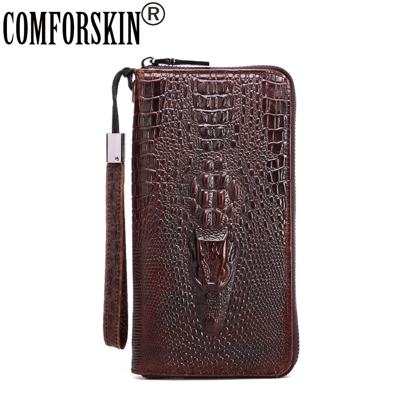 

Premium 100% Cowhide Leather Vintage Crocodile Pattern Multi-function Long Zipper Vertical Men Wallets Card Wallet 2017 Hot Sale