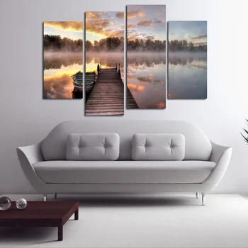 

Modern Sunset and Lake Landscape Canvas Painting 4 Pieces Wall Art Sunshine Wall Picture For Home Living Room Decor