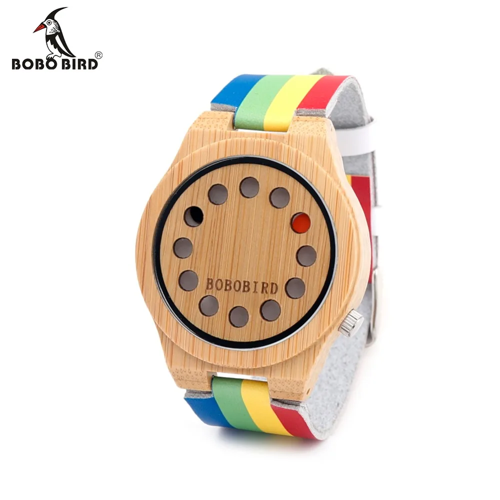 BOBO BIRD 12 Holes Design Mens Bamboo Wooden Quartz Wrist Watches with Colorful Band relogio masculino With Box Custom logo BOBO BIRD 12 Holes Design Mens Bamboo Wooden Quartz Wrist Watches with Colorful Band relogio masculino With Box Custom logo