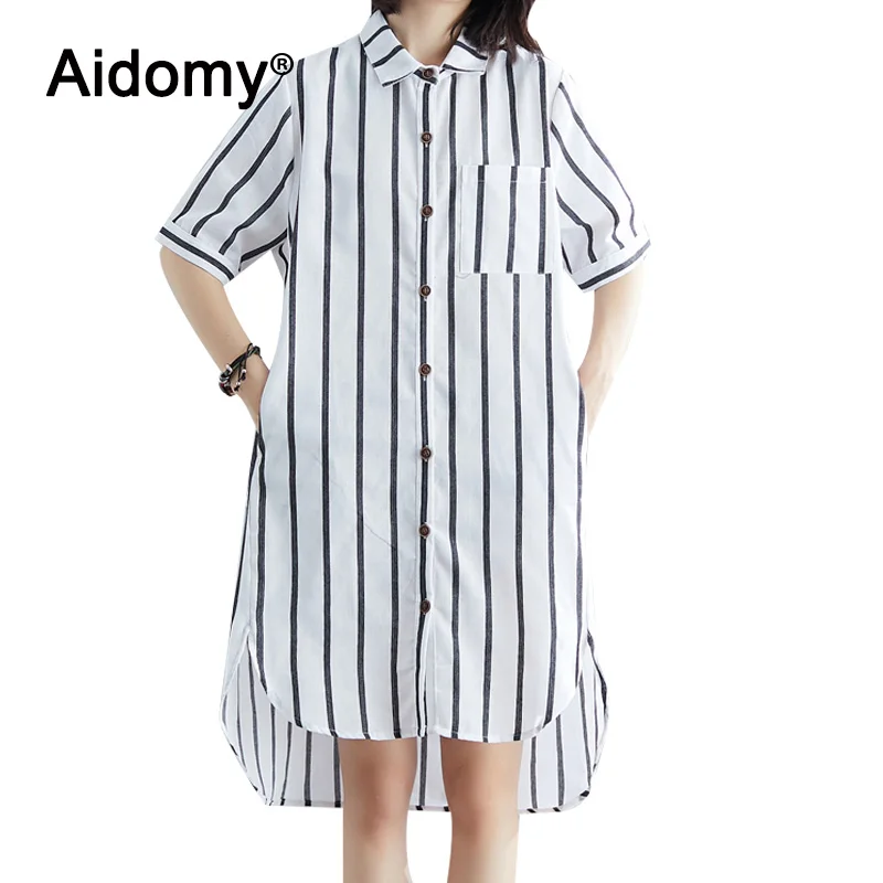 

Casual Cotton Linen Blouse Women Summer Short Sleeve Striped Shirts Plus Size Women Tops Turn Down Collar Long Blouses Female