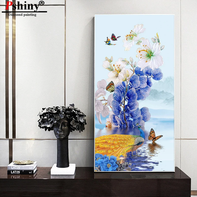 PSHINY DIY 5D алмазная вышивка продажа синий цветок и картины с изображением павлина