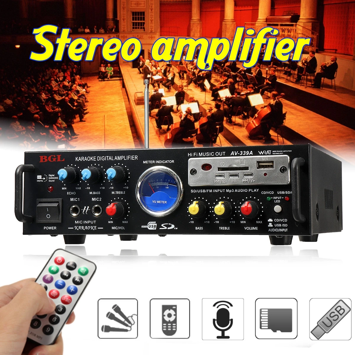 

80W 12V/220V 50Hz 5.1 channel Equalizer Stereo Power Amplifier Support SD card / TF card / U disk Home Theater Amplifiers Audio