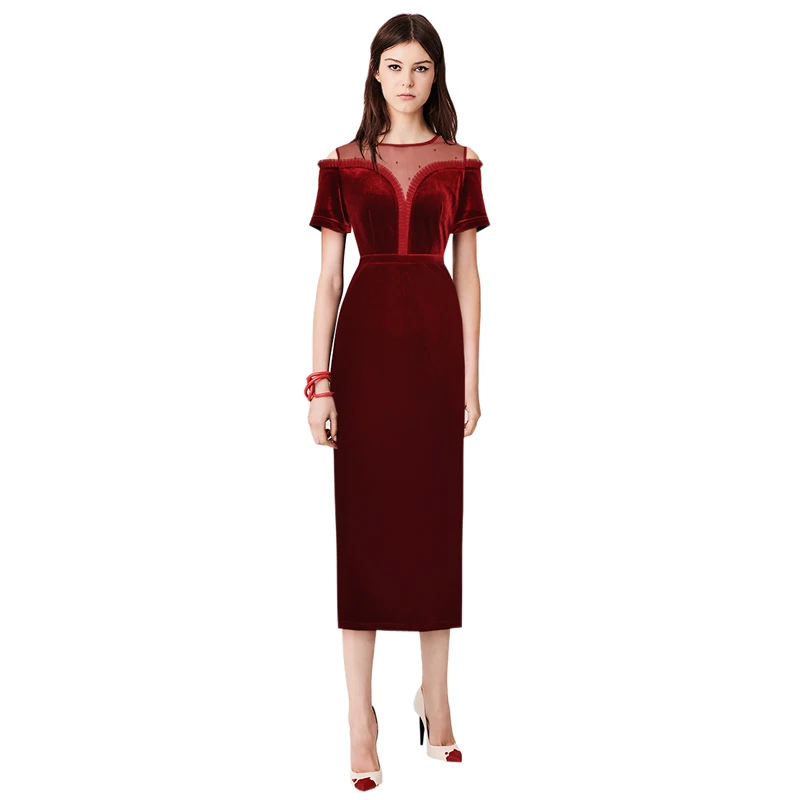 

fall clothing womens black / burgundy plus size velvet dress sheer mesh cut out cold shoulder short sleeve long pencil dress