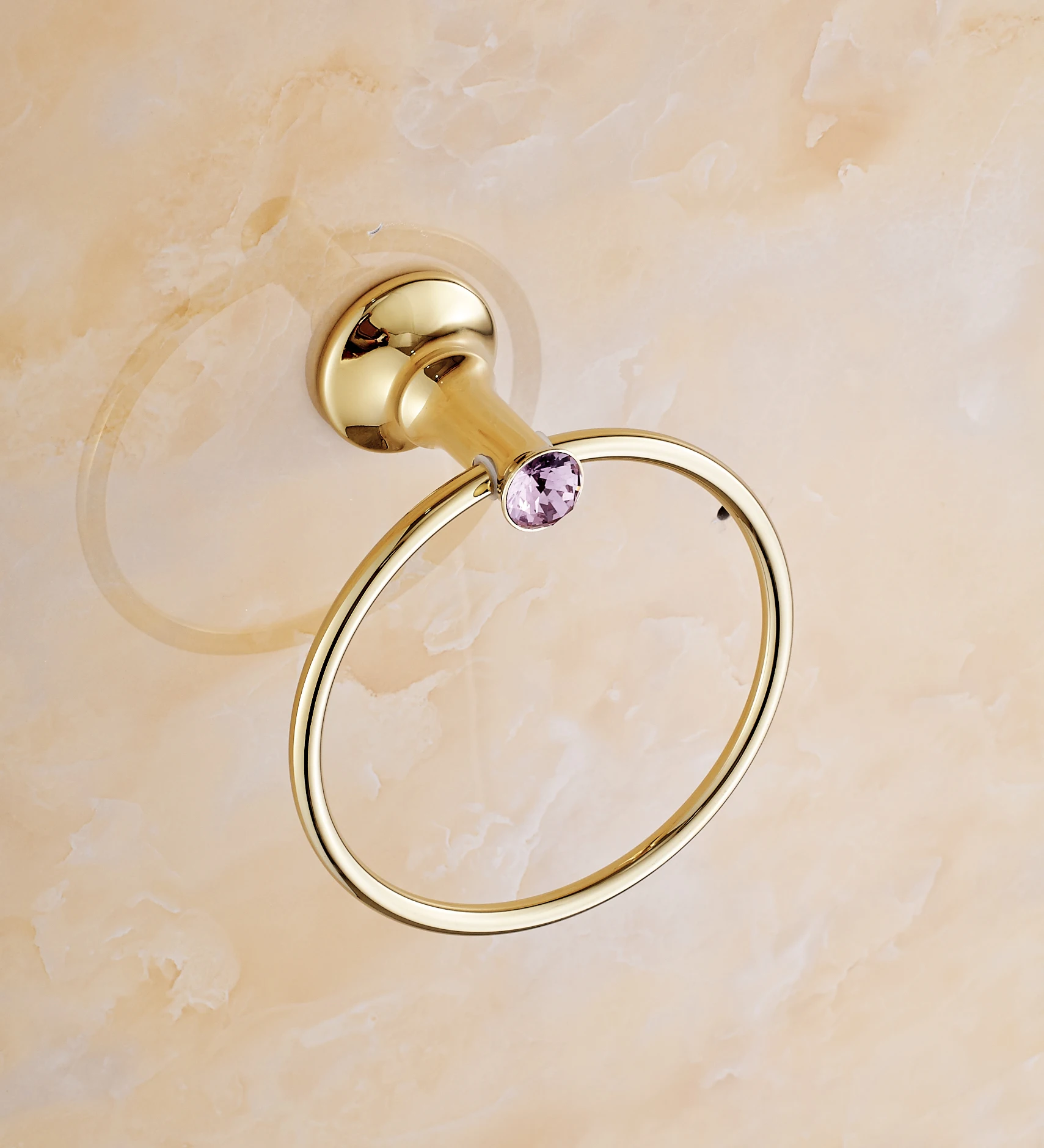 Gold Brass Bathroom Towel Ring, Luxury Crystal& Purple Diamond Full