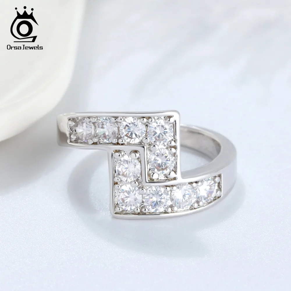 ORSA JEWELS Ring For Women Silver Color AAA Shiny CZ Handmade Prong Setting Tetris Pattern Finger Rings Female Jewelry OR175