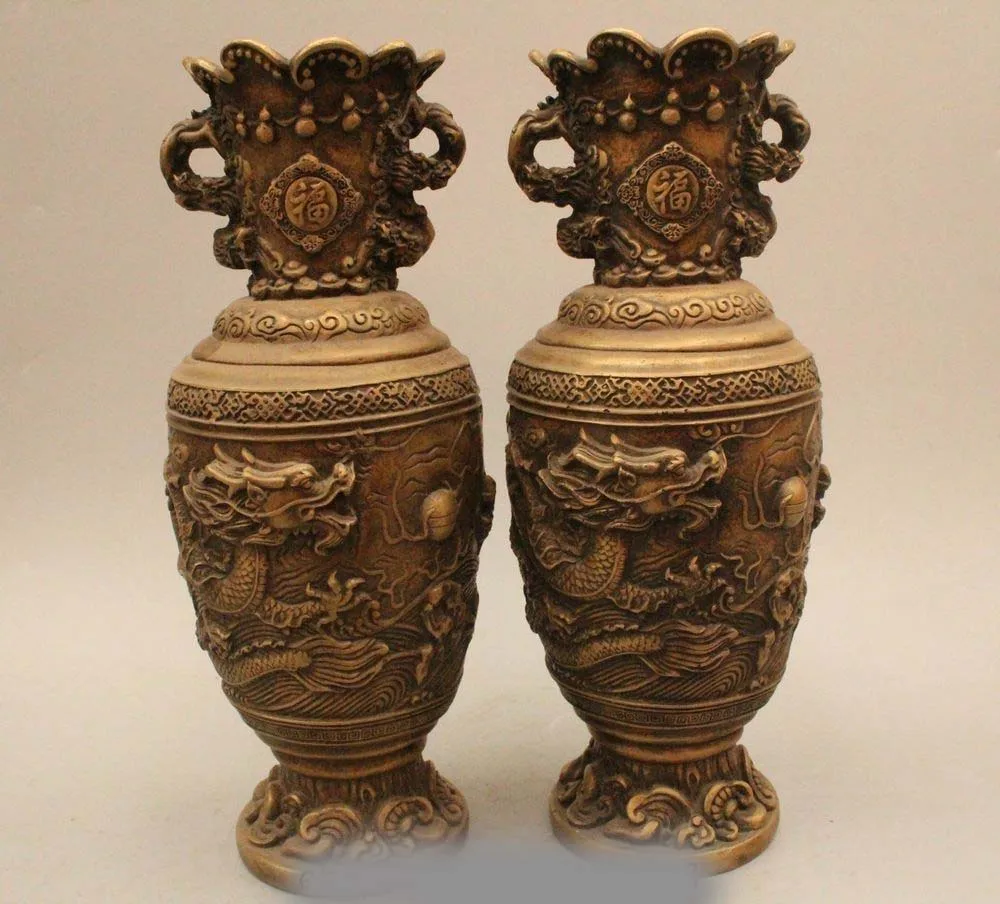 

12" Chinese Dynasty Palace Bronze Two Dragon Play Bead Flower Bottle Vase Pair