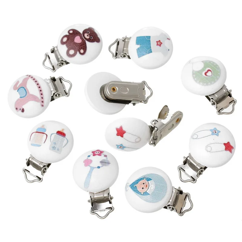 

5PCS Wooden Baby Infant Pacifier Holder Soother Round Clips with Metal Holders Kids Feeding 4.4cm x 2.9cm