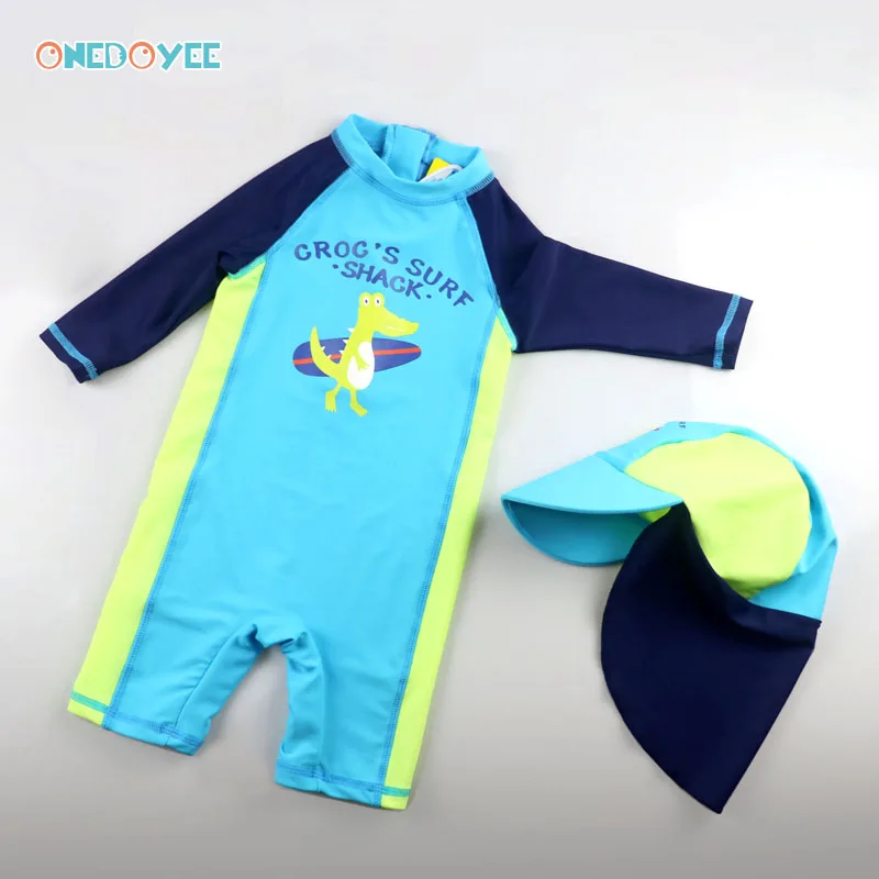 

Onedoyee Baby Boys Swimsuit One Piece Suit Swimming Suits UV Beach Wear Long Sleeves Boy Children Blue Kids Swimwear with Cap