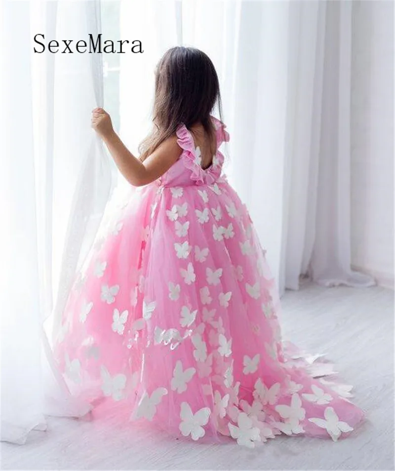Милое платье принцессы ручной работы с бабочками на заказ; платье с цветочным узором для девочек для особых случаев; пышные платья без рукавов с открытой спиной