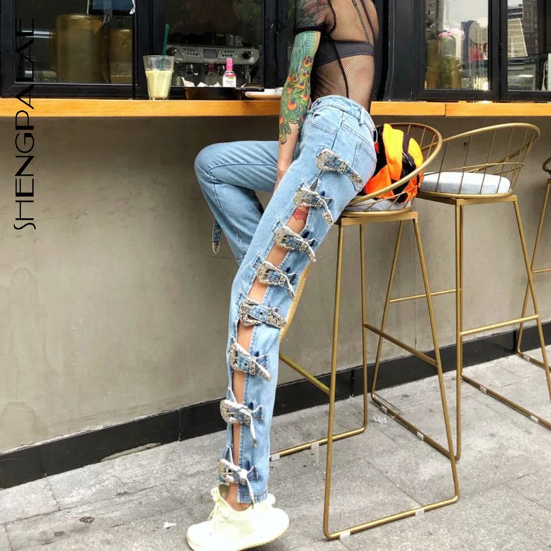 

SHENGPALAE 2019 New Spring Summer High Waist Loose Blue Denim Hollow Out Buckle Wide Leg Jeans Women Trousers Fashion Tide JW748