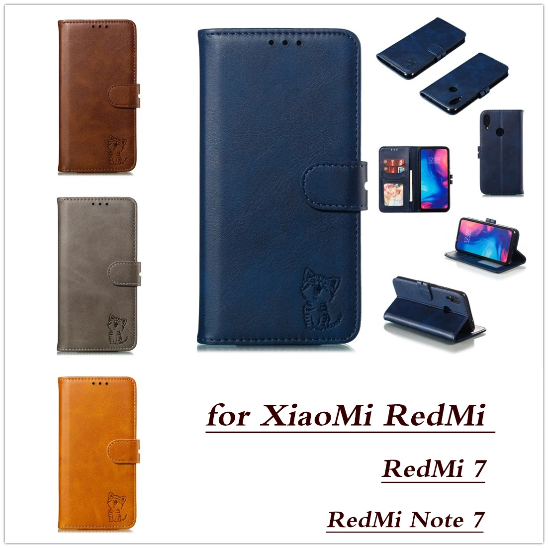 Чехол для XiaoMi RedMi Note 7 роскошный кожаный чехол книжка с кошкой Xiaomi Redmi однотонный