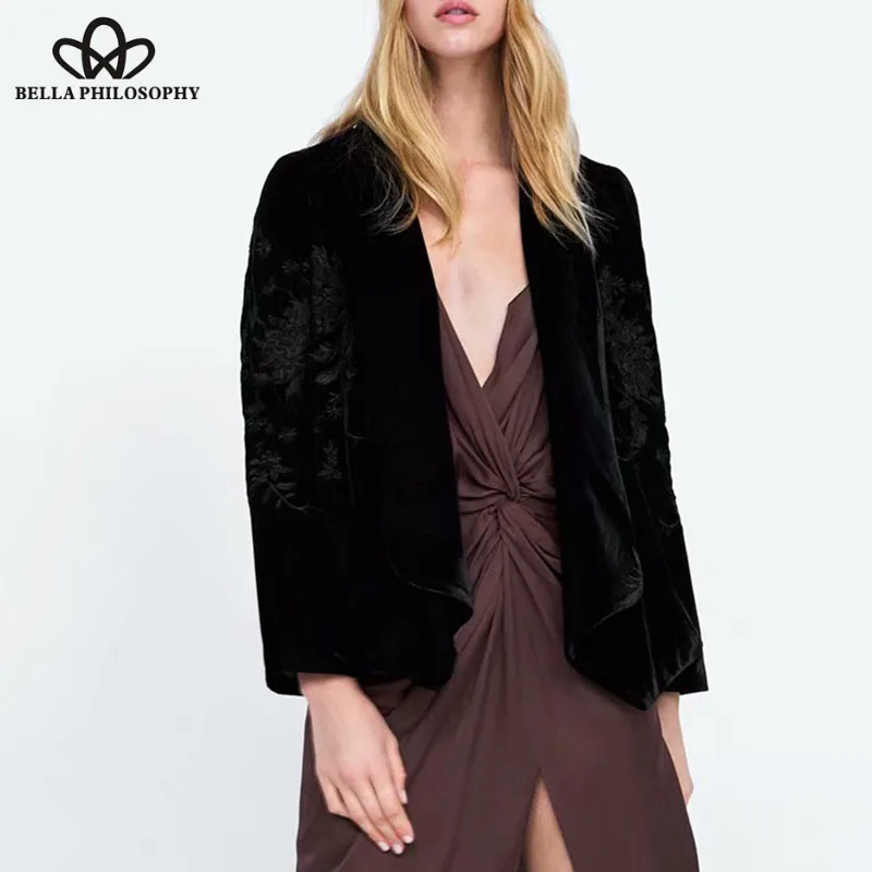 Wonder 2018 new autumn Long Sleeve Velvet Jackets Vintage Embroidery Female Open Stitch Coat Casual Floral Loose Lady Outwears