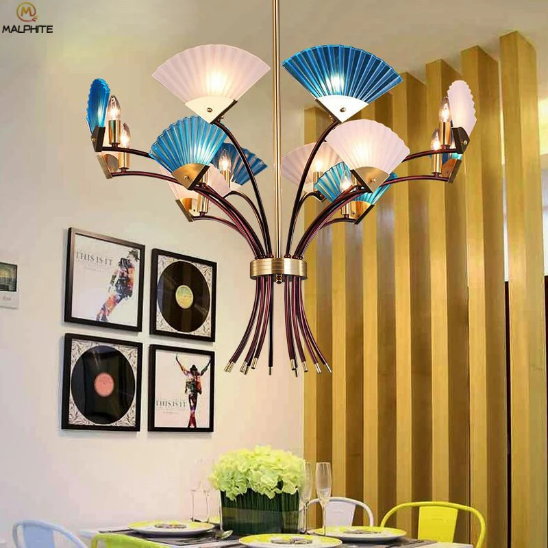 

Nordic Flabellate iron Pendant Lamp Modern Simple Living Room Restaurant Bar Bedside Bedroom Pendant Light Color Fan Luminaria