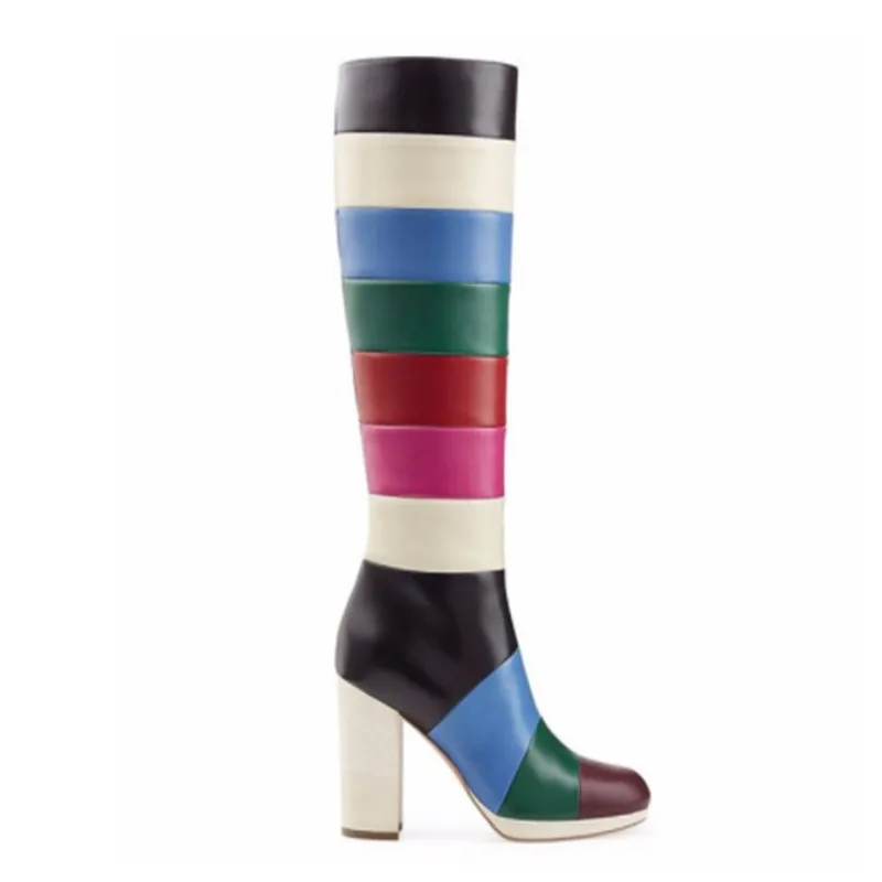Pointu Coloré Mode Mélangées Picture Chunky Chaussures Latérale Femmes Mujer Genou Rond Bout Botas Bottes Haute Talons As Couleurs Hauts Glissière rr8HP0