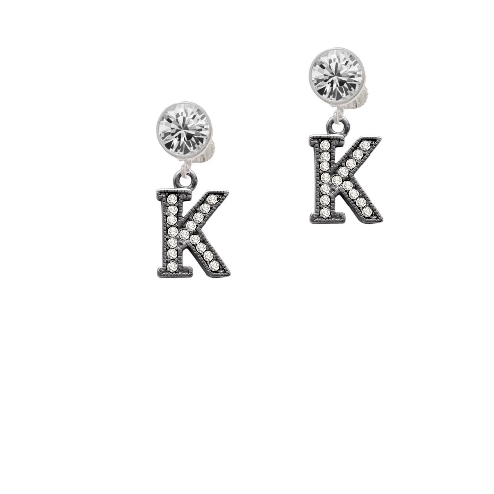Crystal Black Initial - K - Beaded Border - Crystal Clip On Earrings (1)