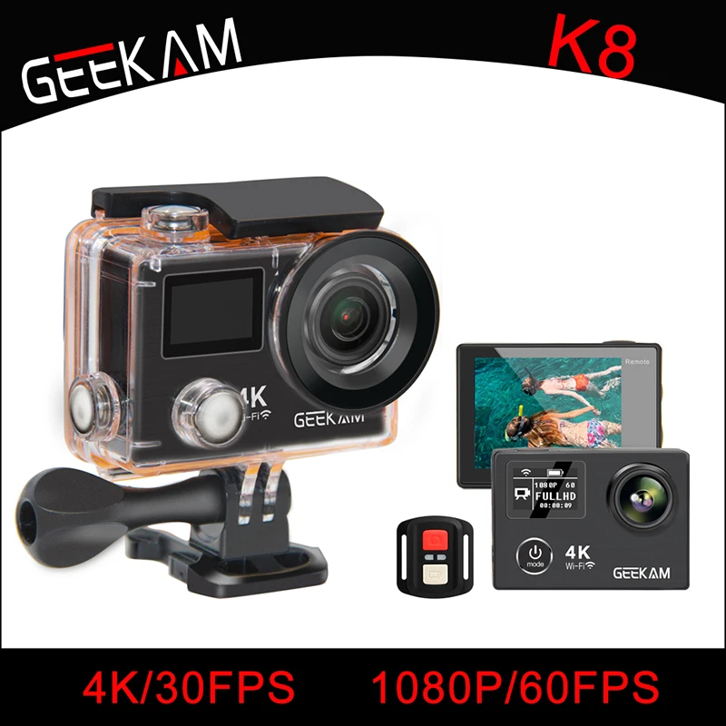 

GEEKAM K8 Action Camera Ultra HD 4K WIFI Sport 360VR K8 1080P Dual 2" LCD 170D Wide-angle Waterproof Helmet Cam MINI Camcorder