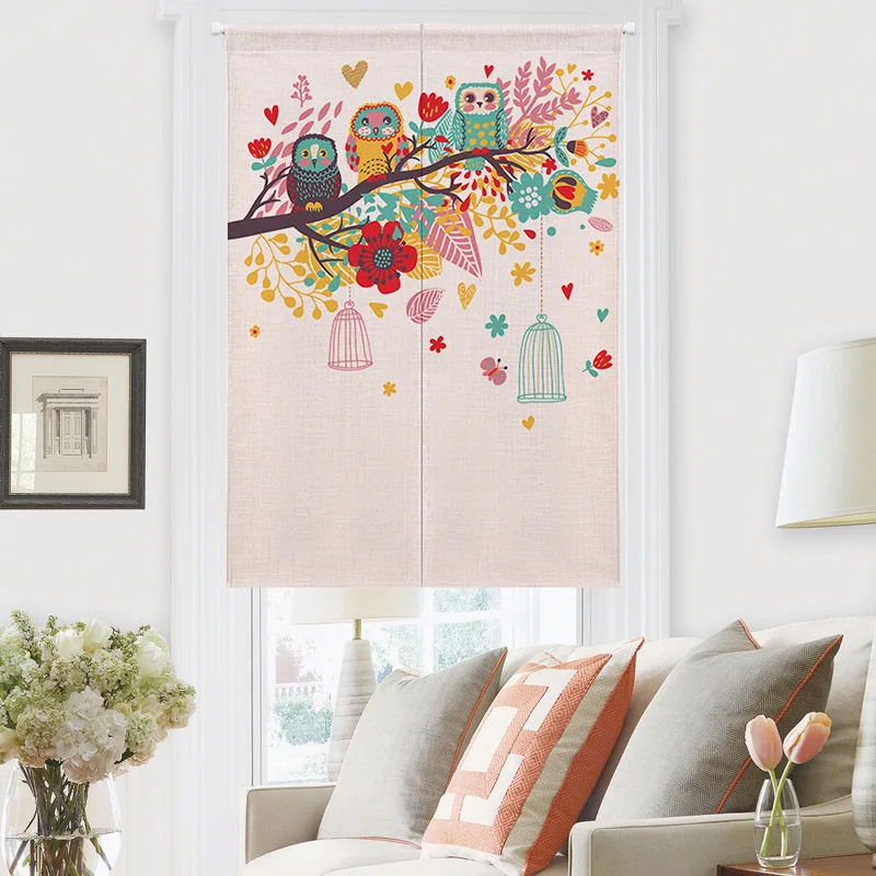 

Colorful Owl Family Cartoon Owls Kids Room Curtain Linen Cute Animal Pattern Curtains for Study Bedroom Children Noren Tapestry