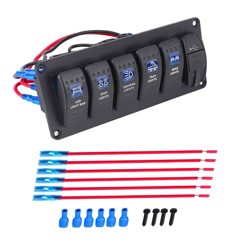 

6 Gang Boat Switch Panel Blue LED with 3.1A Dual USB for Car RV Boat Yacht Marine 12V 24V with Blue LED Light