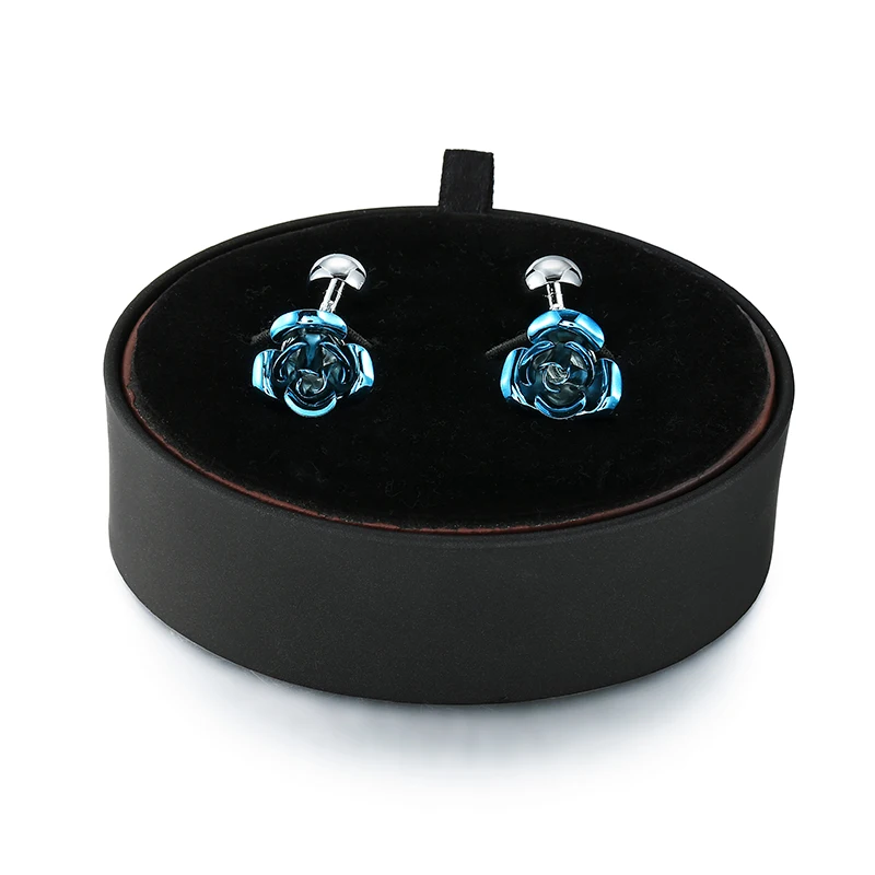 

DY A set of high quality fashion blue rose Cufflinks black leather box men French shirt Cufflinks box set free shipping