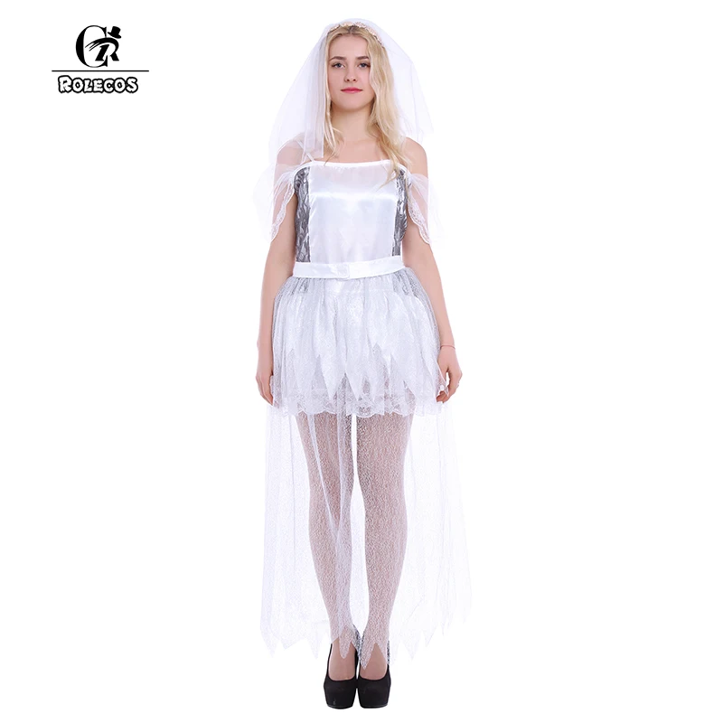 

ROLECOS Ghost Bride Cosplay Costume Halloween Party Adult Woman Dress Sexy White Fancy Dress Ghostly Bride Scary Costume