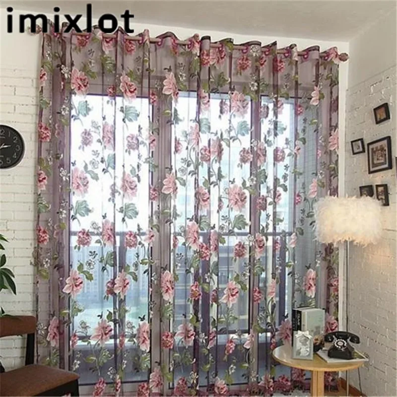 

Imixlot 100*100Cm Polyester Material Peony Print Sheer Voile Curtains Screen Romantic Floral Tulle Bay Window Drape Panel Decor