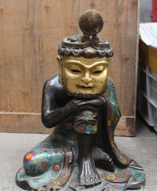 

006029 16" Bronze Gilt Cloisonne Enamel Arhat Damo Bodhidharma Dharma Buddha Statue