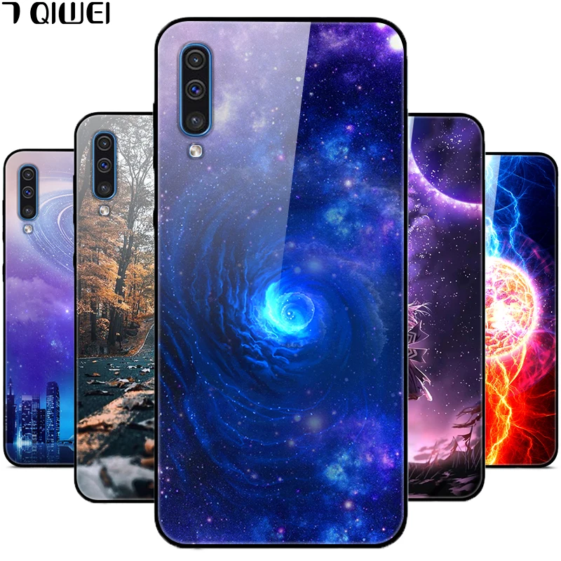 

B For Samsung Galaxy A50 Case A 50 Glass Hard Phone Case For Samsung Galaxy A50 2019 Case A505F Soft Frame Tempered Cover 6.4''