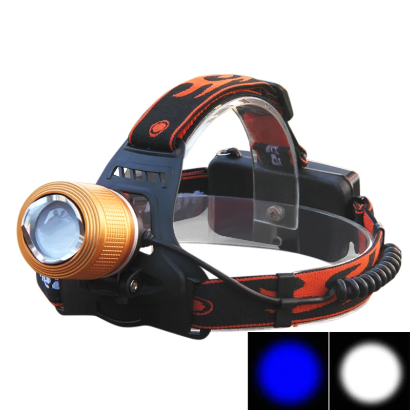 

Zoomable led headlamp 2x Cree q5 LED Bulbs White+Blue light waterproof for fishing Rechargeable 18650 led Head Lamp torch light