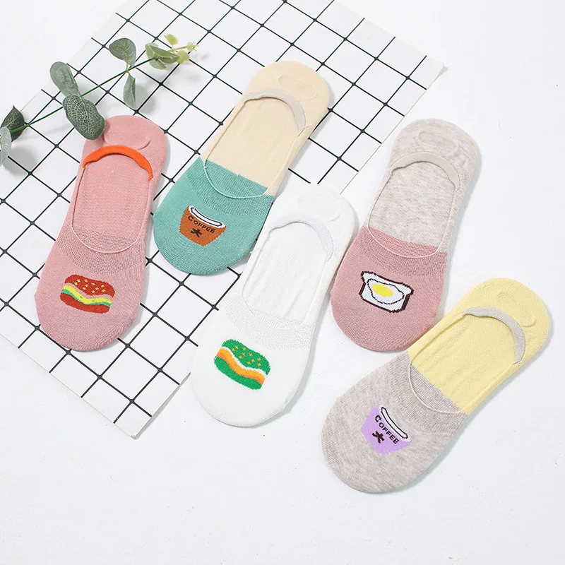 Jeseca 5 Pairs/Lot Women Cotton Sock Cartoon Animal Cute No Show Sock Japanese Kawaii School Student Invisible Non-slip Boat Sox