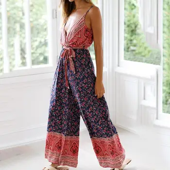 

Summer Flower Print Sexy Deep V Backless Spaghetti Strap Women Wide Leg Jumpsuit hot