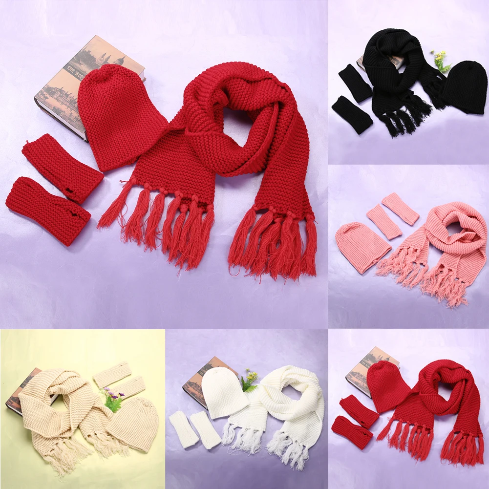 Толстая акриловая зимняя женская вязаная шапка, шарф, перчатки, набор для улицы, бини зимняя теплая одежда для девочек, комплект из 3 предметов, одноцветная шапка, шарф, перчатки