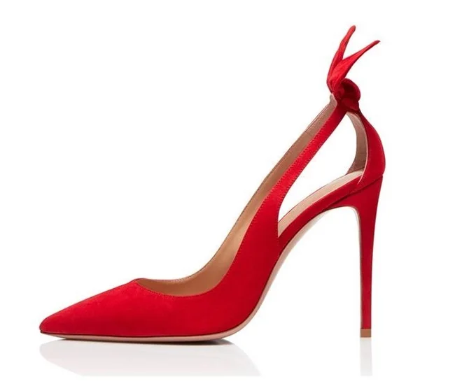 

Back Vertical Bowtie Pointey Pumps Lady Cut-outs Minnie Knot High Heel 10-12cm Stiletto Suede Leather Slip-on Sweet Dress Shoes