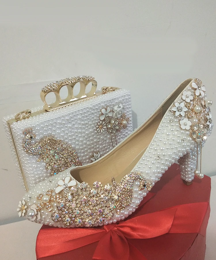 BaoYaFang/женские свадебные туфли с белыми жемчужинами и сумочкой в комплекте; туфли на платформе и высоком каблуке для невесты; женские вечерние туфли и сумочка в виде павлина