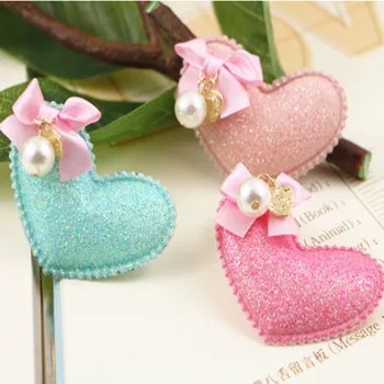 

Free Shipping 30PCS/Lot Glitter Heart Fabric Flatback Button Sticker with Round Pearl Knot Bow Charm DIY for Girls Hair Jewelry