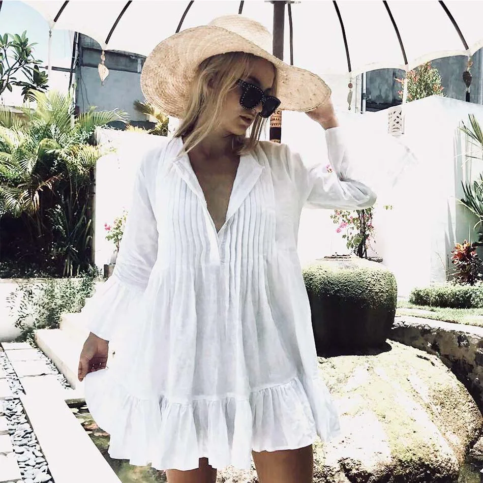 bathing suit wrap skirt 2021 Women Swimsuit Cover Up Sleeve Kaftan Beach Tunic Dress Robe De Plage Solid White Cotton Pareo High Collar Beachwear long beach dresses Cover-Ups