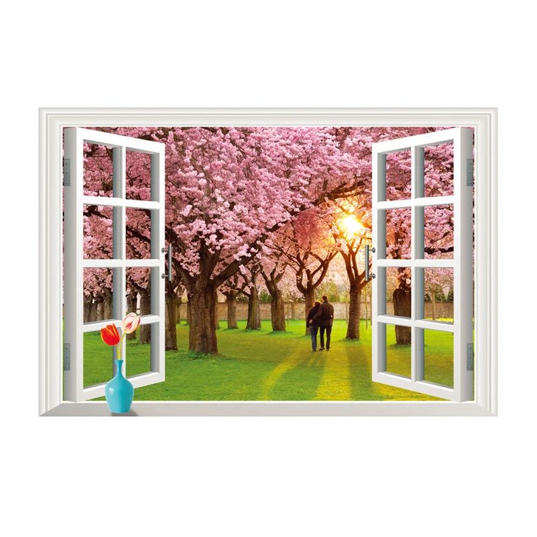 Removable 3D Window Scenery Wall Sticker home Decor Decals Mural Decal Exotic Beach View Cherry