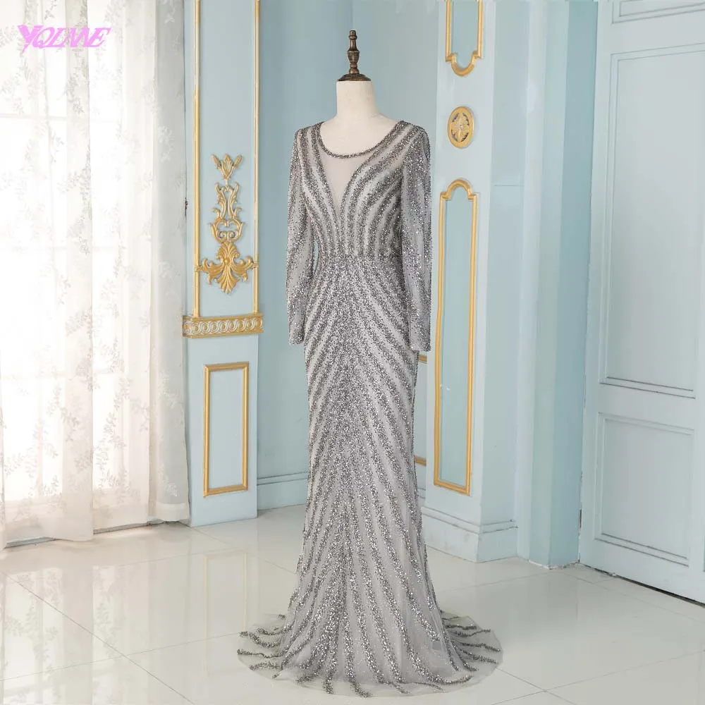 Elegant Full Sleeve Evening Dresses Long Gray Tulle Beading Mermaid Formal Women Party Dress Elegant Full Sleeve Evening Dresses Long Gray Tulle Beading Mermaid Formal Women Party Dress