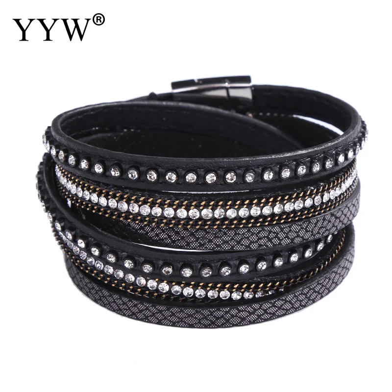 

Fashion Multicolor Magnet Punk Women Wrap Bracelet Pu Leather Crystal Beads Multilayer Retro Female Modern Jewelry Bileklik