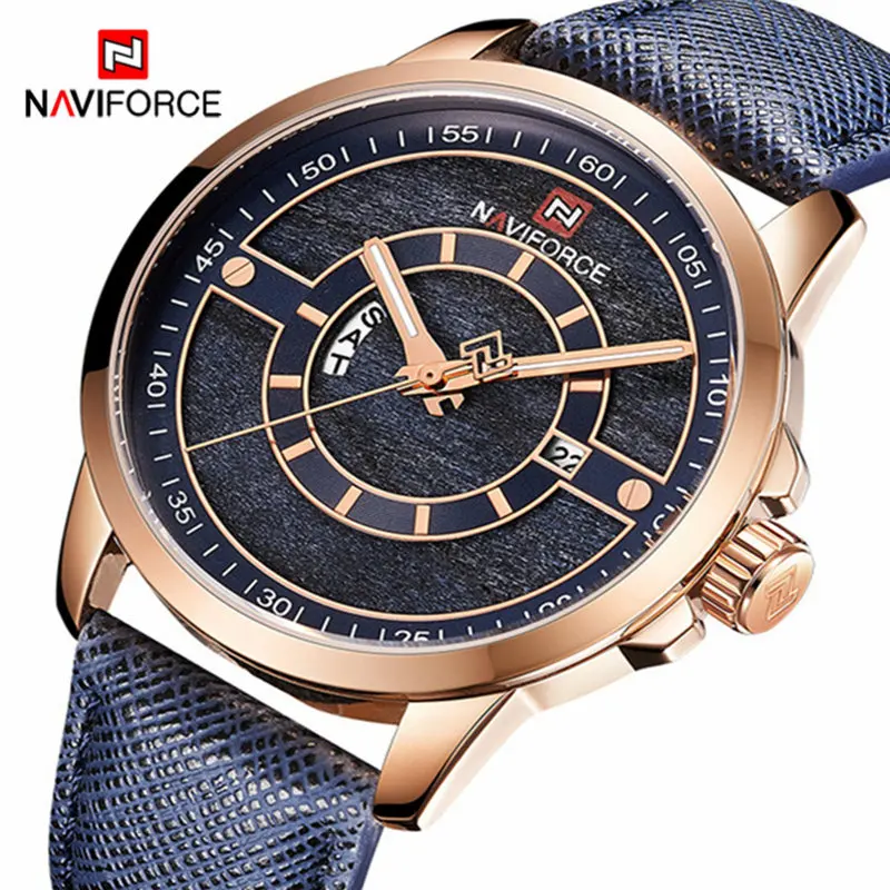 NAVIFORCE мужские s часы Лидирующий бренд роскошные золотые часы мужские кожаный ремешок аналог дата Кварцевые водонепроницаемые часы мужские Relogio Masculino - Цвет: Rose Gold Blue