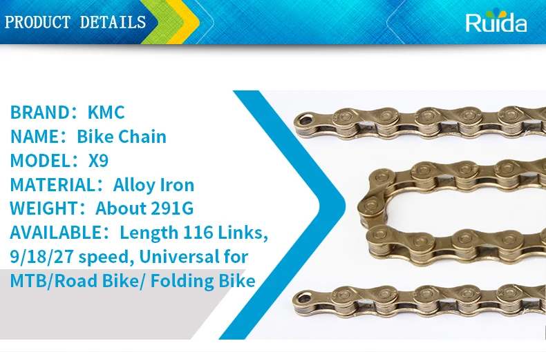 Discount KMC X9 Golden Alloy Iron 9/18/27 Speed Bike Chain MTB Mountain Road Bike Universal Bicycle Chain 116 Links Missing Connect Links 1