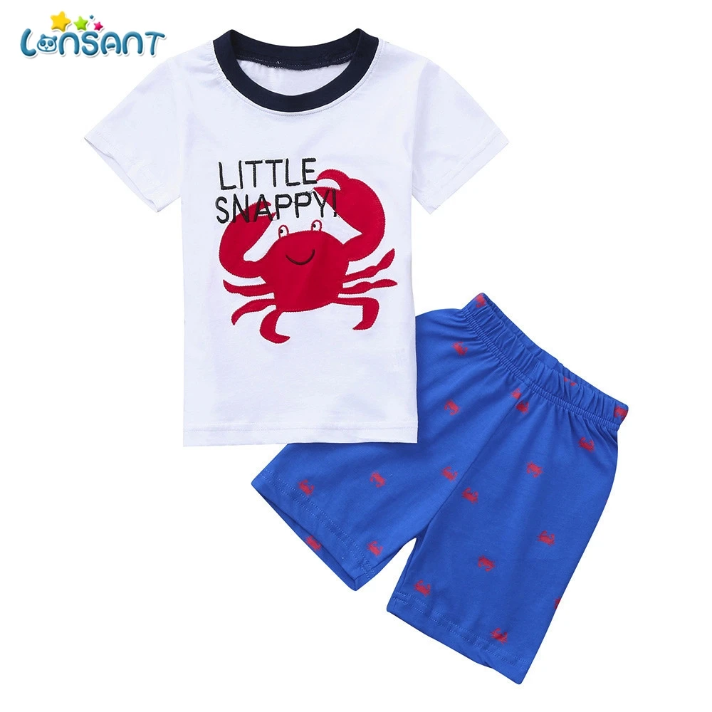 LONSANT 2018 New Hot Selling 2PCs Kids Baby Boys White Crab Letter Printed Short Sleeve Tops+Crab Print Pants Outfits Sets