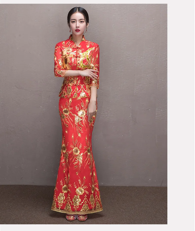 Свадебное платье Qipao длинные с новогодней елкой, бумажный платье Тонкий ретро платье Ципао вышитые праздничный костюм Чонсам «рыбий хвост»
