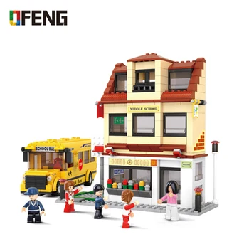 

City School Bus Building Blocks education DIY Yellow car 3D Construction fingure bricks Compatible Toys for Children