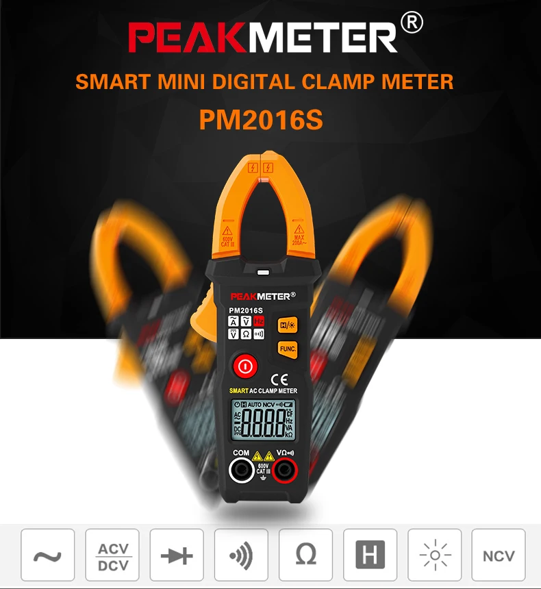 PEAKMETER PM2016S/PM2016A умный мини цифровой AC клещи 200A 600 В мультиметр с сопротивлением частоты удержания данных NCV тестер